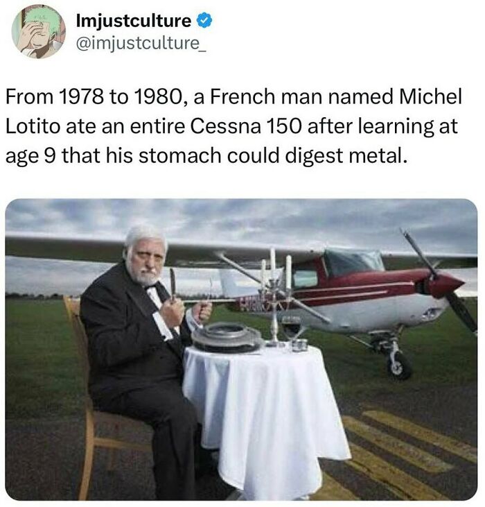 Man dressed formally, sitting with dining setup in front of a plane, highlighting interesting fact about eating metal.