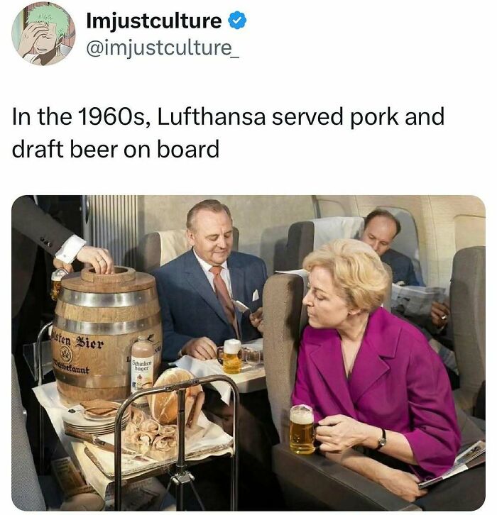 Passengers on a 1960s Lufthansa flight enjoying draft beer and pork, highlighting interesting facts suitable for family sharing.