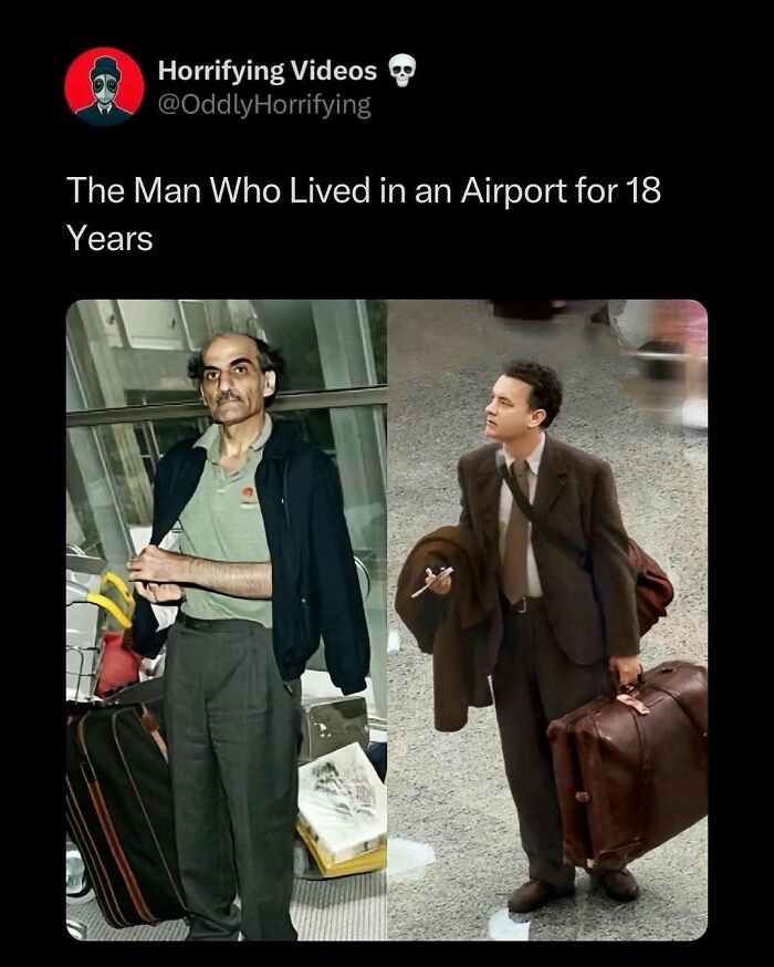 "Oddly horrifying image of a man who lived in an airport, holding luggage and standing in a public space."
