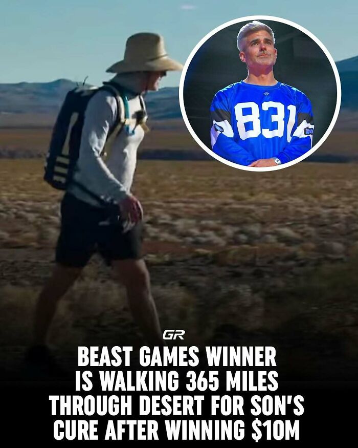 "Beast Games winner walking 365 miles in desert for son's cure after winning $10M, showcasing interesting facts of dedication."