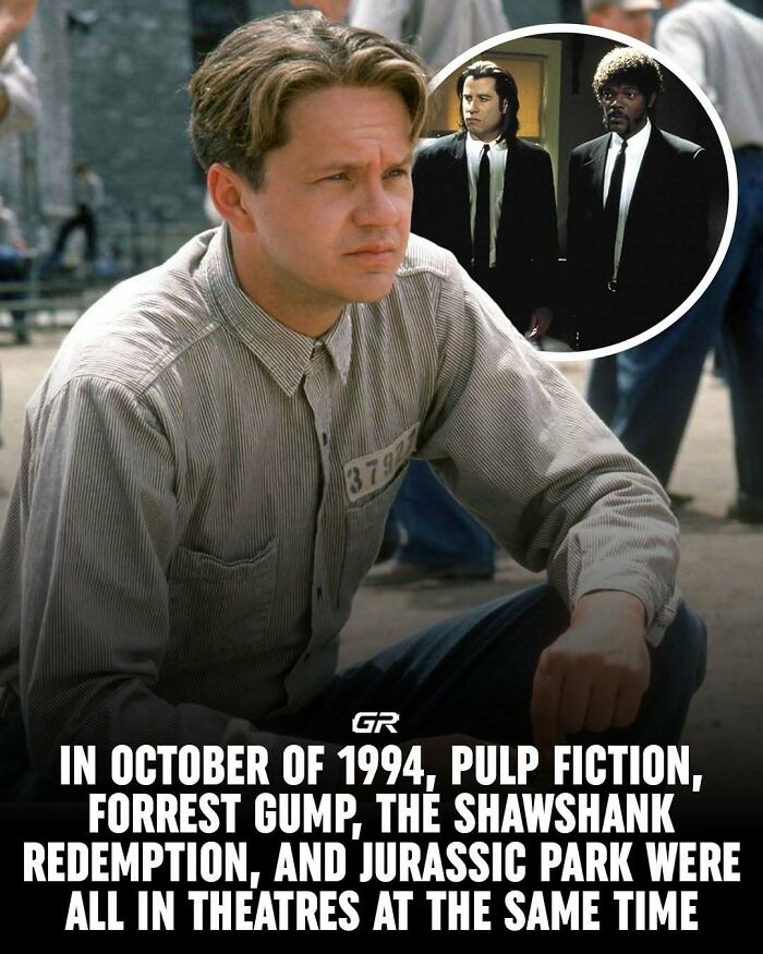 Man in prison attire with inset of two men in suits; fun fact from 1994 cinematic releases.