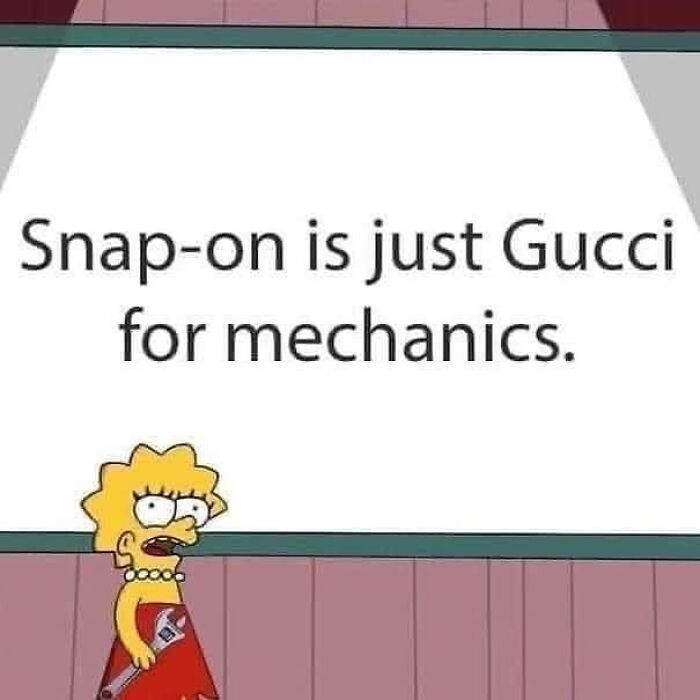 Cartoon character presenting a car meme about Snap-on tools and Gucci for mechanics.