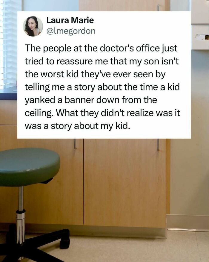 Funny tweet about a doctor's office experience, highlighting a humorous story involving a mischievous child.
