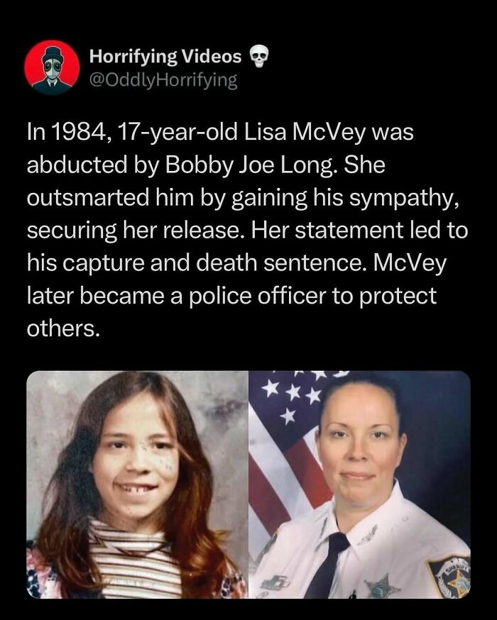 Two photos of a woman, one as a young girl and one in a police uniform, highlighting an oddly horrifying story.