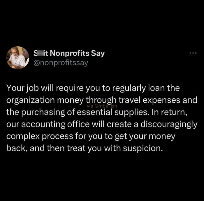 Tweet about relatable work frustrations and reimbursement complexities.