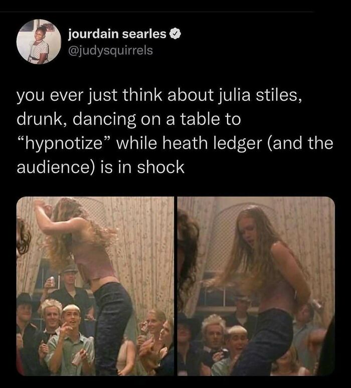 Millennial Misery meme with a tweet about Julia Stiles dancing on a table, referencing Heath Ledger's surprised reaction.