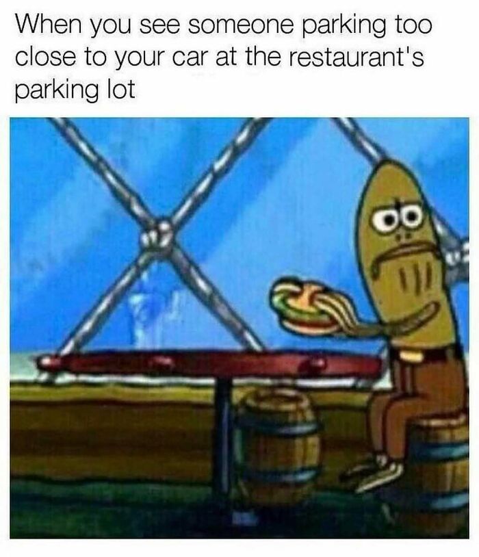 Cartoon fish looking concerned, holding a burger; car parking meme humor.