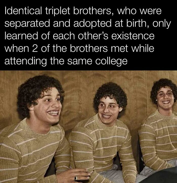 Triplet brothers reunited at college after being adopted separately at birth, wearing identical striped sweaters.