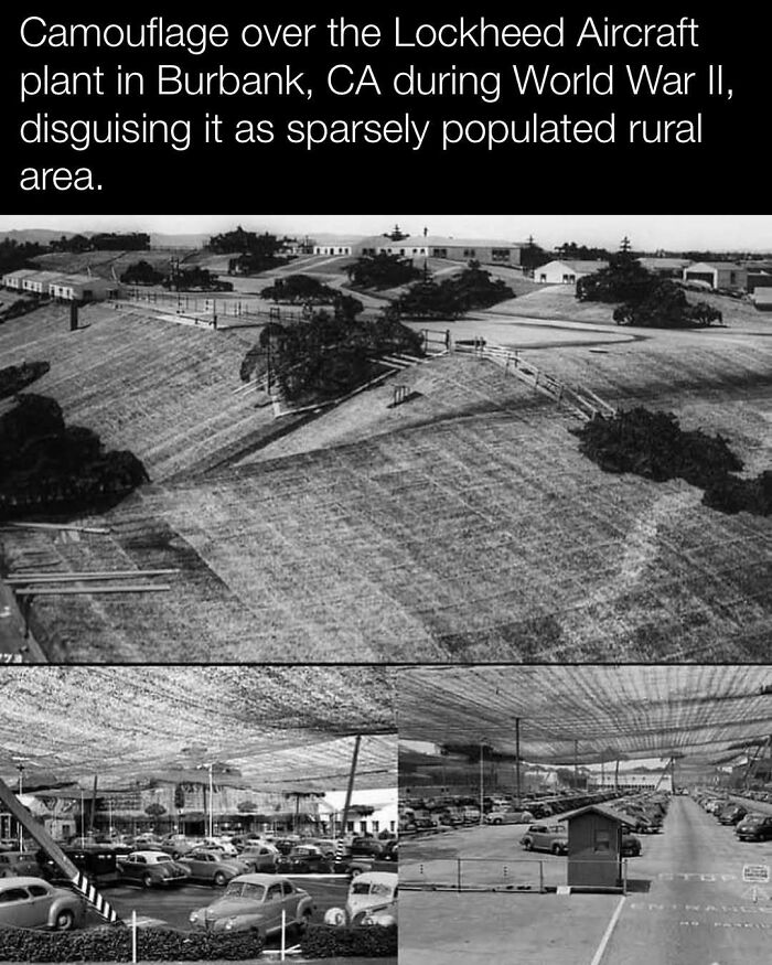 Camouflaged Lockheed Aircraft plant in Burbank, CA during WWII, disguised as a rural area for strategic protection.