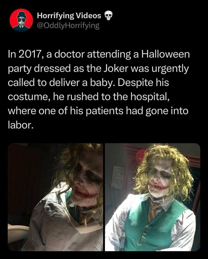 Doctor dressed as Joker in a hospital setting, an unnerving image highlighting a bizarre emergency situation.