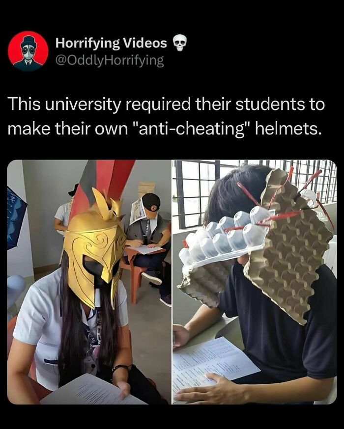 Students wear bizarre anti-cheating helmets in class, showcasing unnerving creativity.