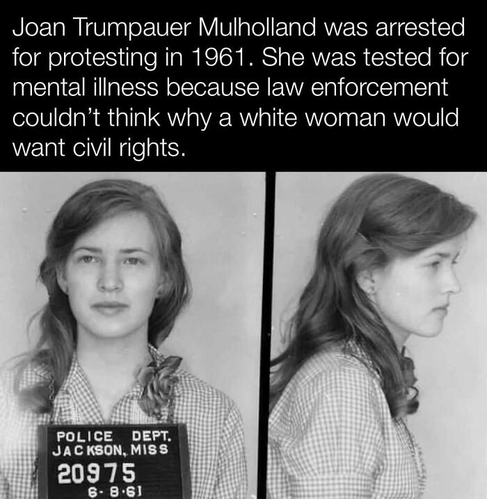 1961 protest arrest highlights civil rights history, featuring a black and white mugshot of a young woman.