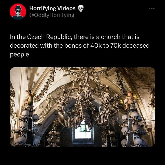Church interior in Czech Republic adorned with human bones, creating an unnerving ambiance.