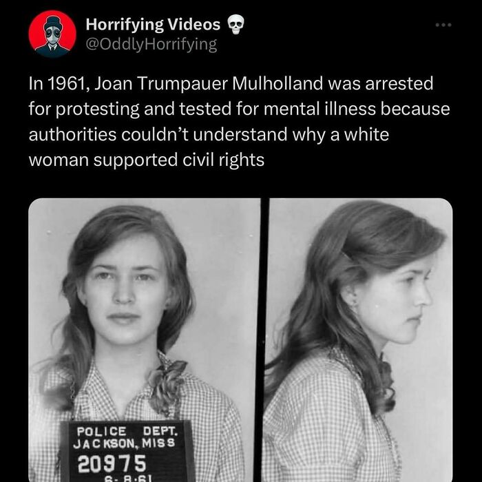 Black and white mugshot of a woman from 1961, arrested for supporting civil rights, reflecting oddly horrifying history.