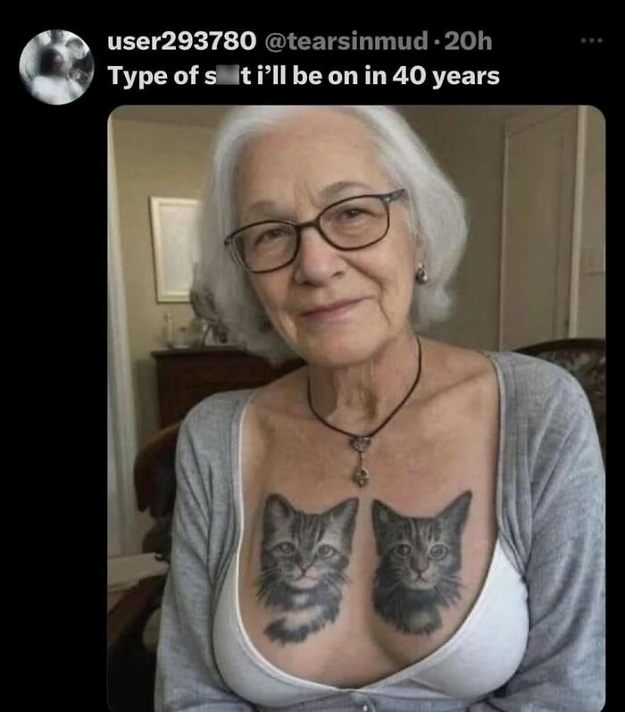 Elderly woman with cat tattoos on her chest, wearing glasses and a cardigan, showcasing funny memes.