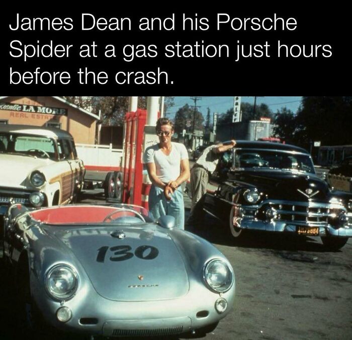 Man with a vintage Porsche Spider at a gas station, a significant history moment before a tragic event.