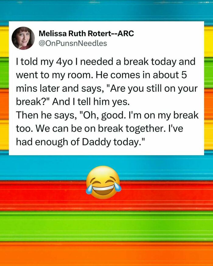 Tweet screenshot about a funny conversation with a child, featuring a colorful background and laughing emoji.