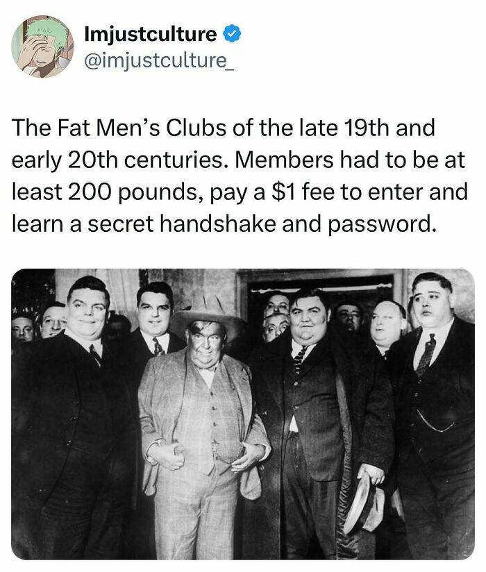 Men at a Fat Men’s Club meeting in the early 20th century, known for sharing interesting facts and traditions.