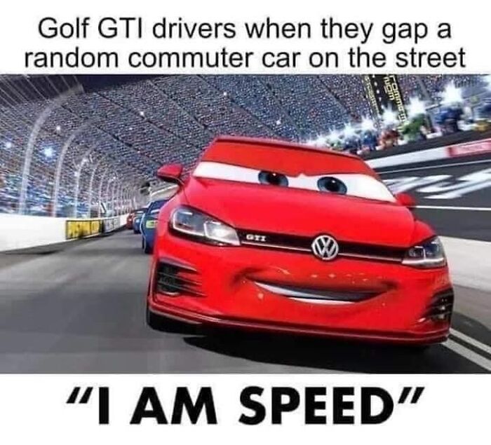 Red Volkswagen GTI with cartoon face on racetrack, labeled "I Am Speed," exemplifying car memes humor.