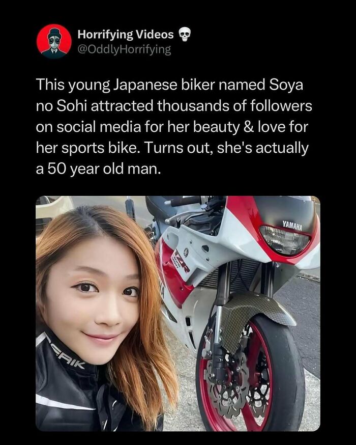 Person posing with a Yamaha sports bike, revealing an unnerving identity twist that shocked social media followers.