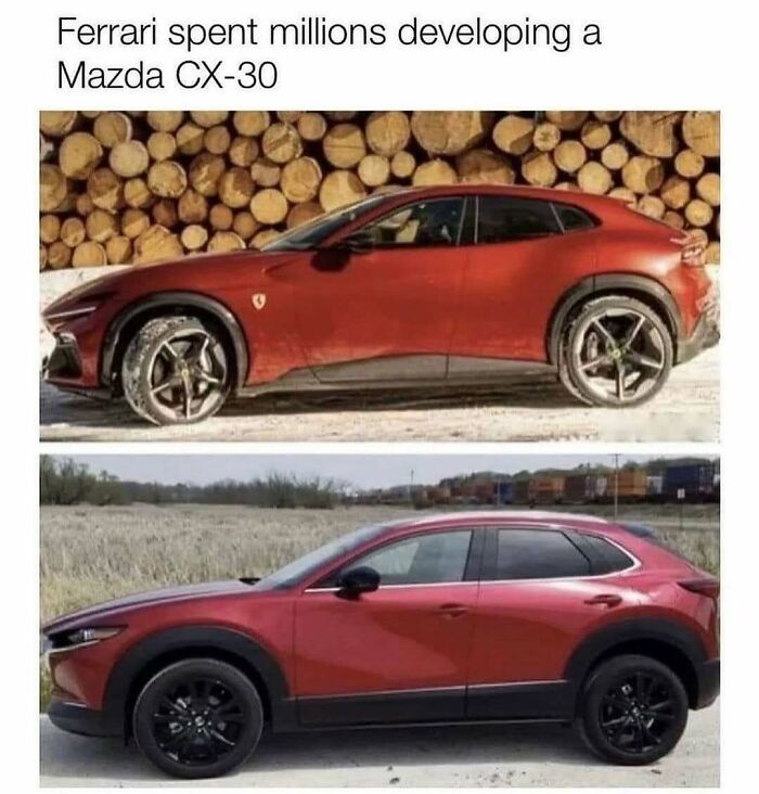 Red Ferrari resembling a Mazda CX-30, parked in front of logs, as part of car memes humor.
