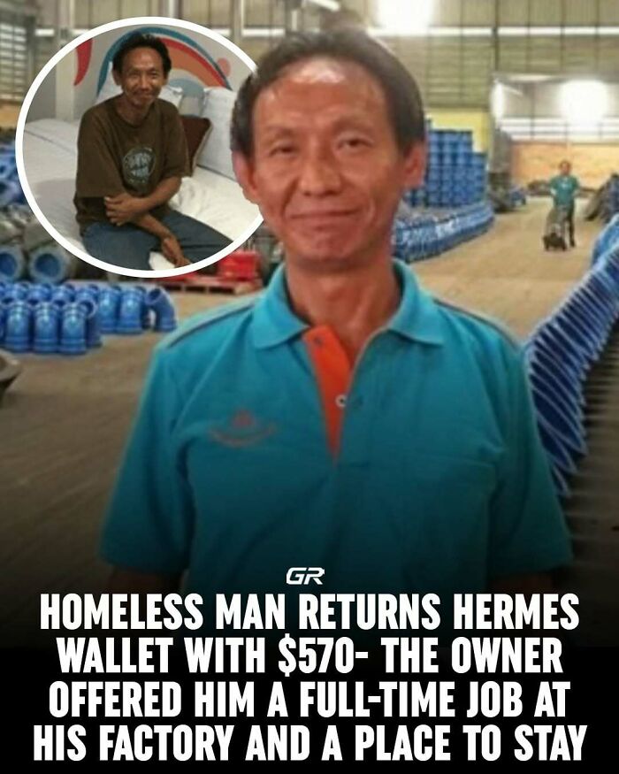 Man in a turquoise shirt at a factory, highlighting interesting facts of kindness and change.