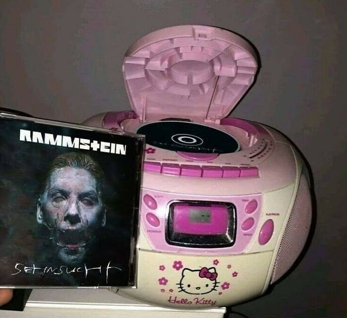 Rammstein CD next to a Hello Kitty boombox, highlighting unique humor from an IG page's popular posts.