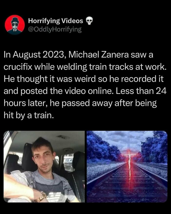 Man in a car and an eerie train track with a glowing crucifix; unnerving image shared by Horrifying Videos.