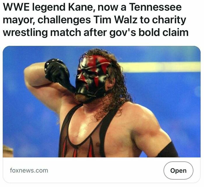 Wrestler Kane challenges Tim Walz to a charity match, as seen in a headline about fake cops and fake call centers.
