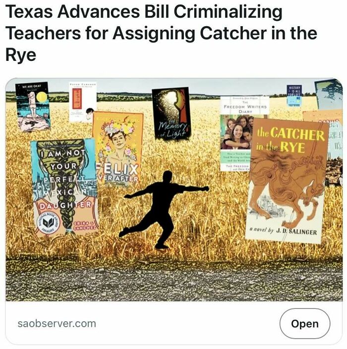 Books including "Catcher in the Rye" on a decorated board, highlighting fake news about Texas bill.