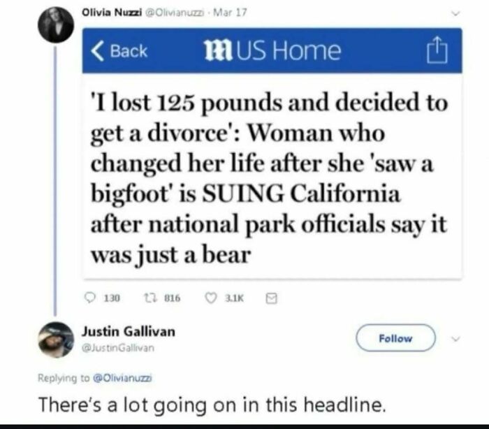 Funny meme about a woman suing California after mistaking a bear for Bigfoot, sparking reactions on social media.