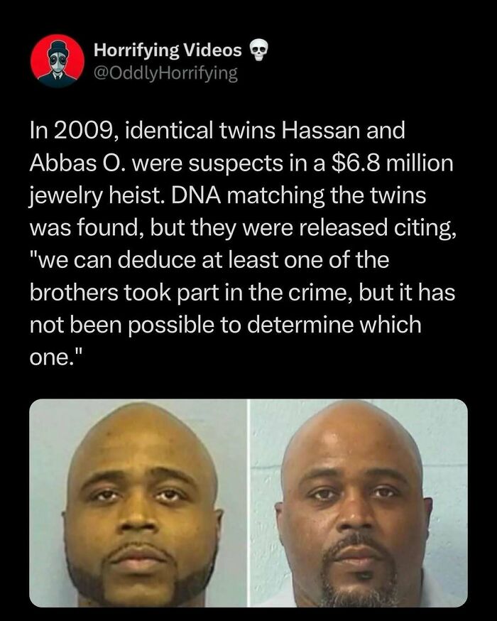 Mugshots of identical twins; unnerving twist as DNA evidence links them to a heist, but guilt can't be precisely determined.