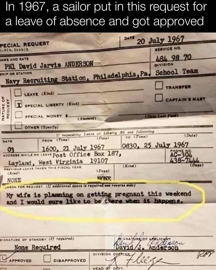 1967 sailor leave request form, citing a humorous personal reason, highlighting interesting history.