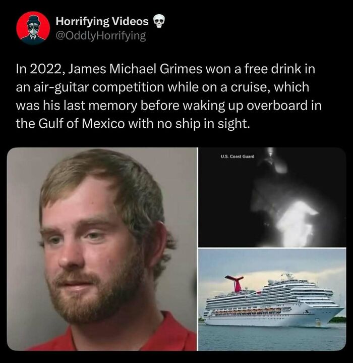 Man's unnerving story of falling overboard during a cruise, featuring his photo and an image of a cruise ship.