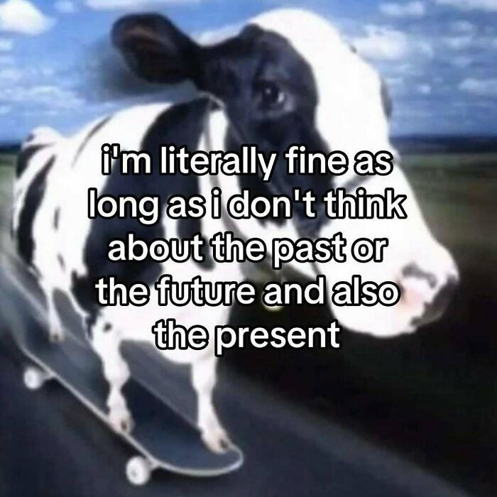 Cow riding skateboard with text overlay showing a funny and random shower thought about not thinking of past, present, or future.