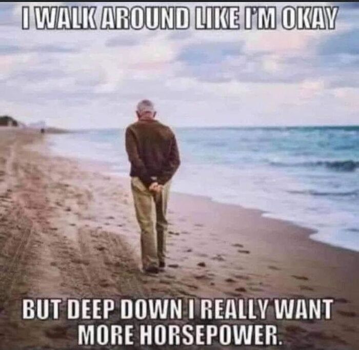 Elderly man walking on beach, contemplating desire for more horsepower, a humorous car meme.