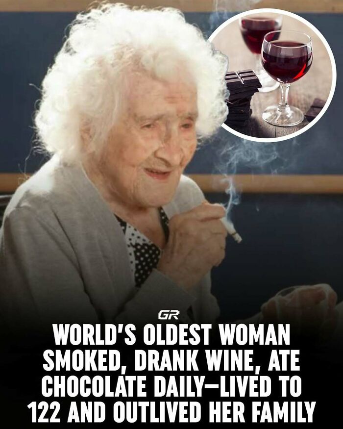 Elderly woman enjoying a cigarette with wine and chocolate, highlighting interesting facts about longevity.