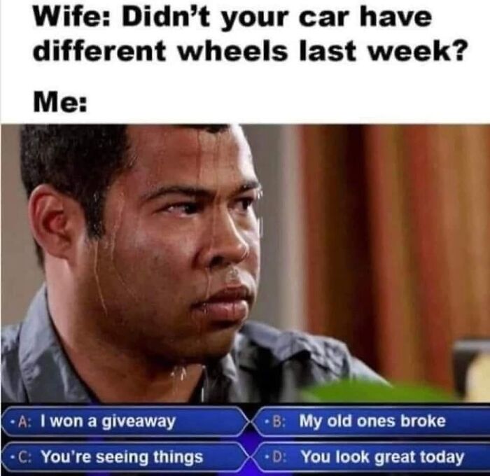 Man sweating while thinking of excuses about car wheels, illustrating car memes humor.