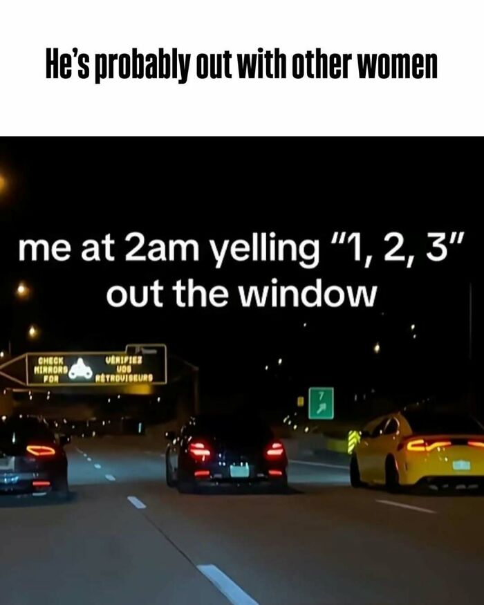 Three cars on a highway at night with humorous car meme text overlay.
