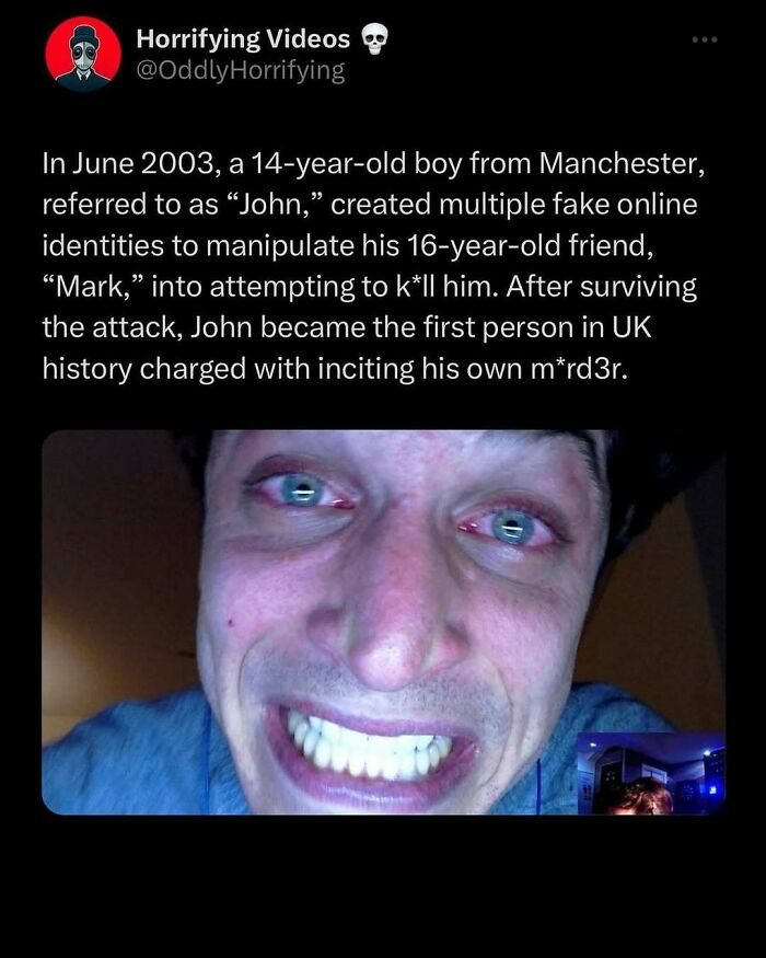 Close-up of a distressed man with wide eyes and open mouth, conveying a sense of oddly horrifying unease.