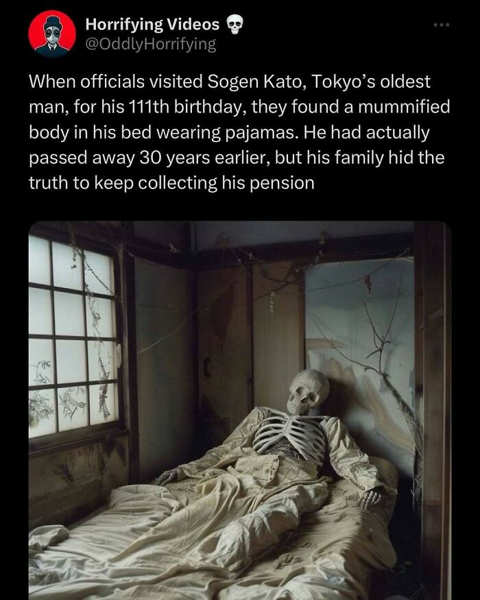 Oddly horrifying image of a mummified skeleton in pajamas lying in an aged, neglected bedroom environment.