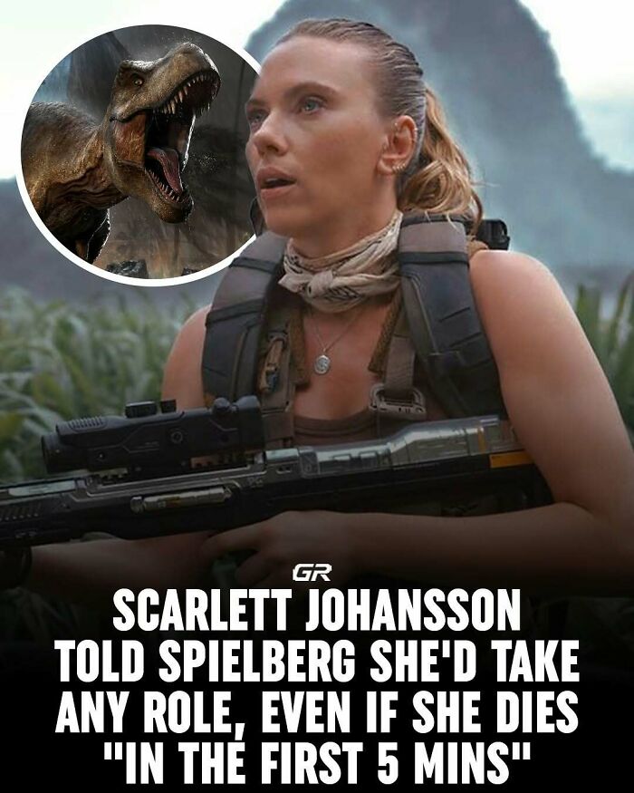 Woman in action gear with a dinosaur image inset, discussing intriguing movie role facts.