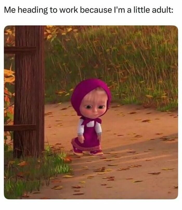 A cute animated meme of a small child in purple, with a humorous caption about adulthood on a leafy path.