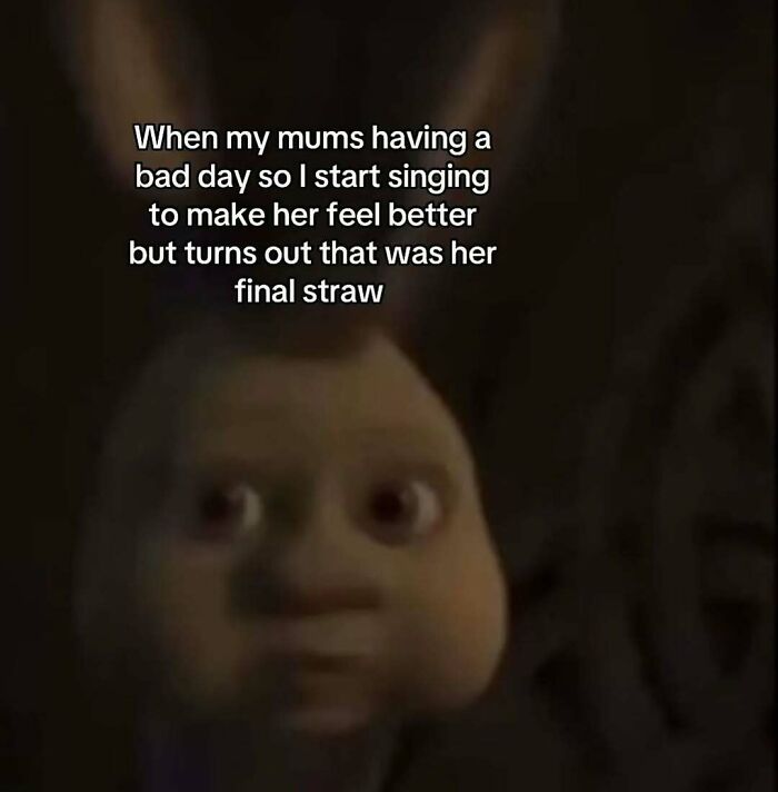 Meme with a blurred baby face and funny and random shower thoughts about singing to cheer up mom.