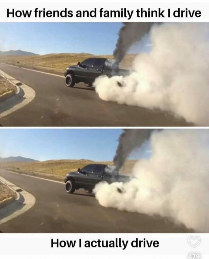Truck drifting with tire smoke on a road, illustrating car humor.