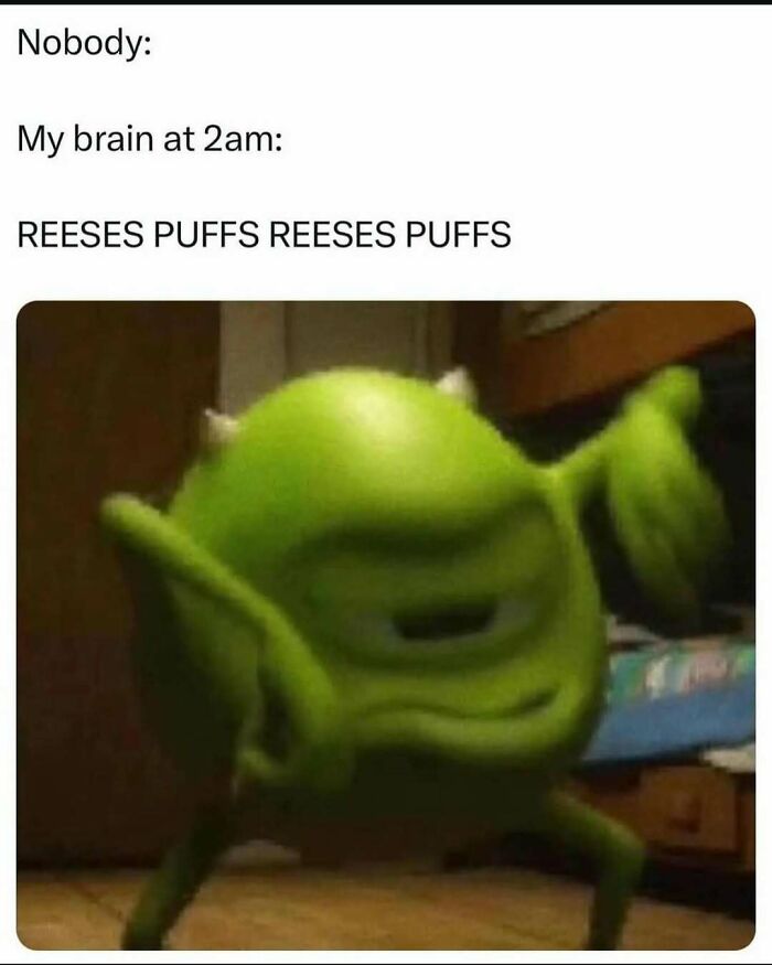 Blurry green character dancing with text about late-night thoughts, highlighting funny memes.