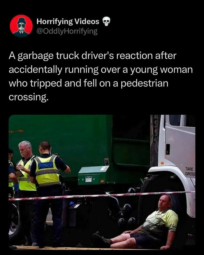 Police officers at a scene beside a green truck, with a driver sitting on the ground. Oddly horrifying incident unfolds.
