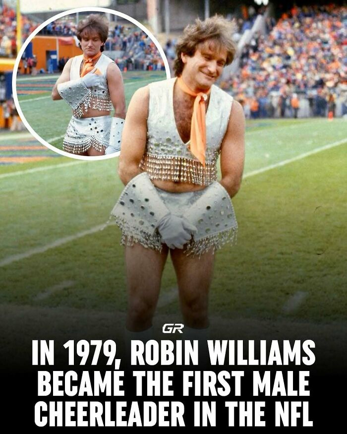 A man dressed as a cheerleader on a football field, highlighting an interesting fact about NFL history.
