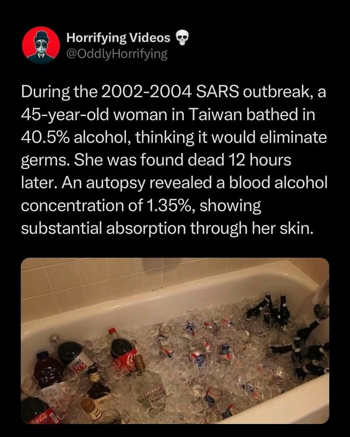 Bath filled with ice and alcohol bottles, presenting an oddly horrifying scene connected to unsettling real-life events.