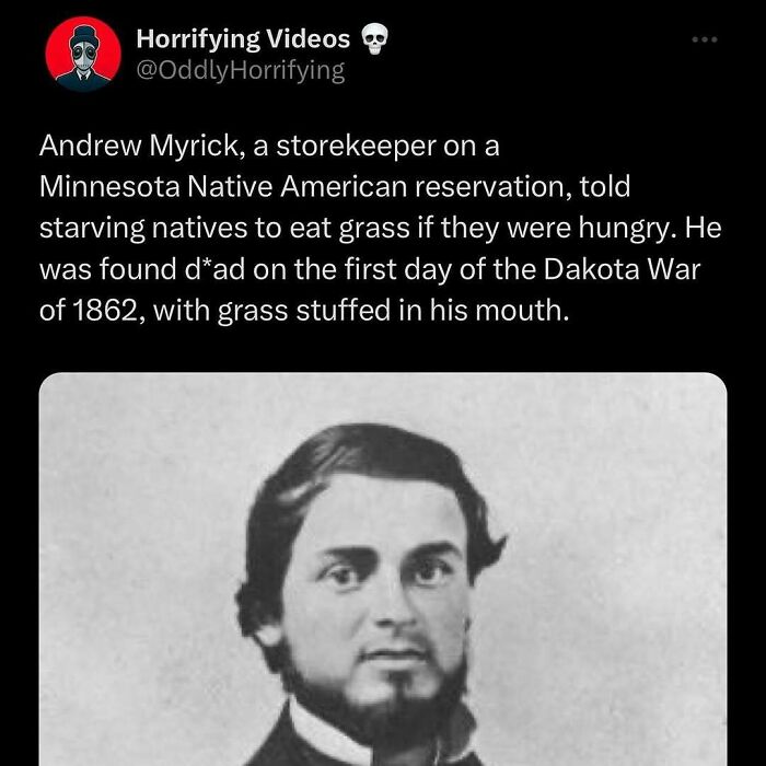 A black-and-white photo of a 19th-century man wearing a suit, with unnerving historical text overlayed above.